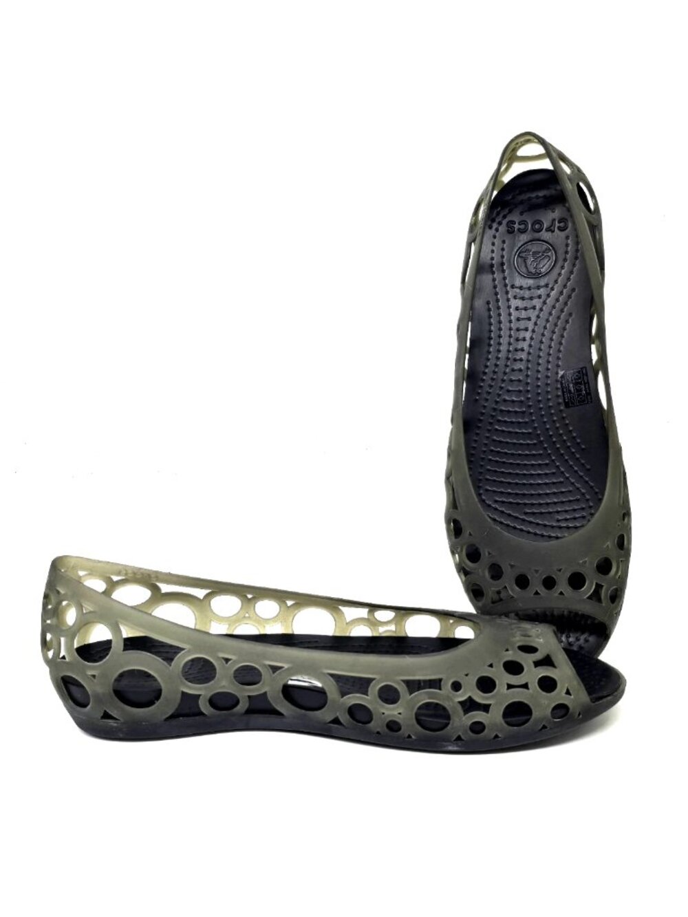 CROCS Adrina Laser Cut Gray Peep Toe Slip on Jelly Ballet Flats Women's Size 10